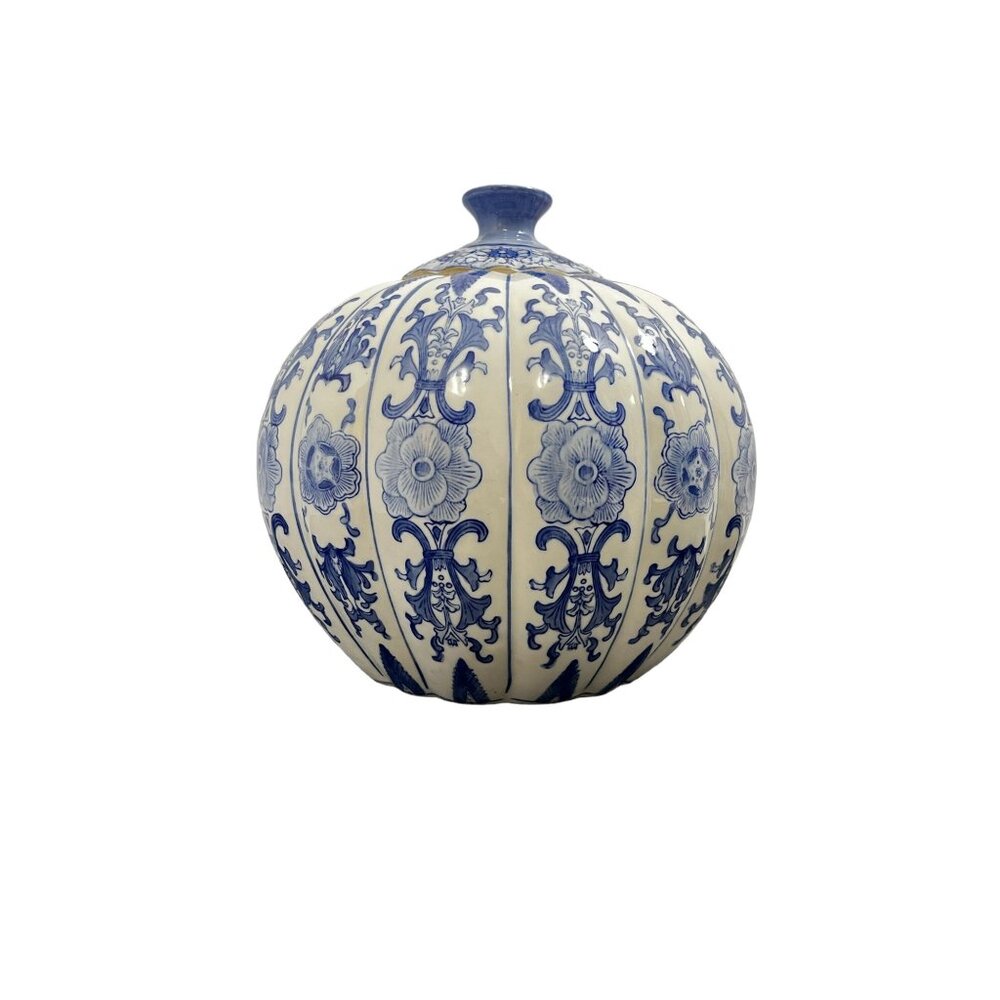 Blue & White Floral Ceramic Vase With Intricate Detailing Decorative Home Accent - Picture 2 of 12